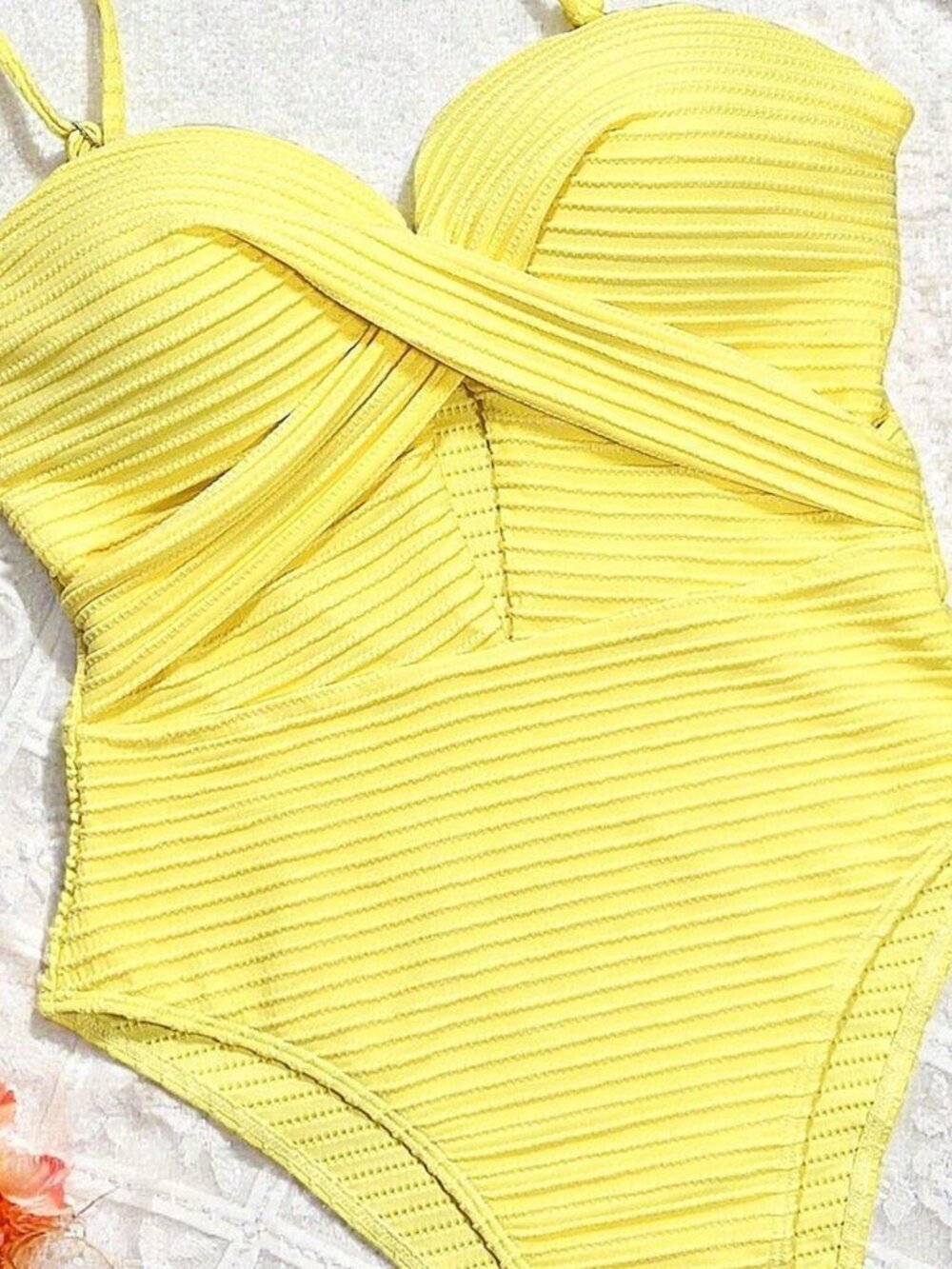 Yellow Casual Women's Criss-Cross Design Push Up One-Piece Suit - Picture 3 of 5
